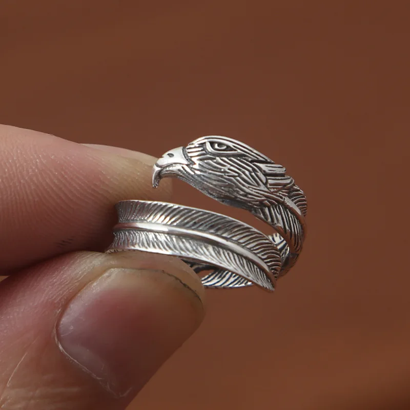 

S925 Sterling Silver Jewelry Retro Thai Silver Rings Men's Takahashi Goro Eagle Head Feather Ring