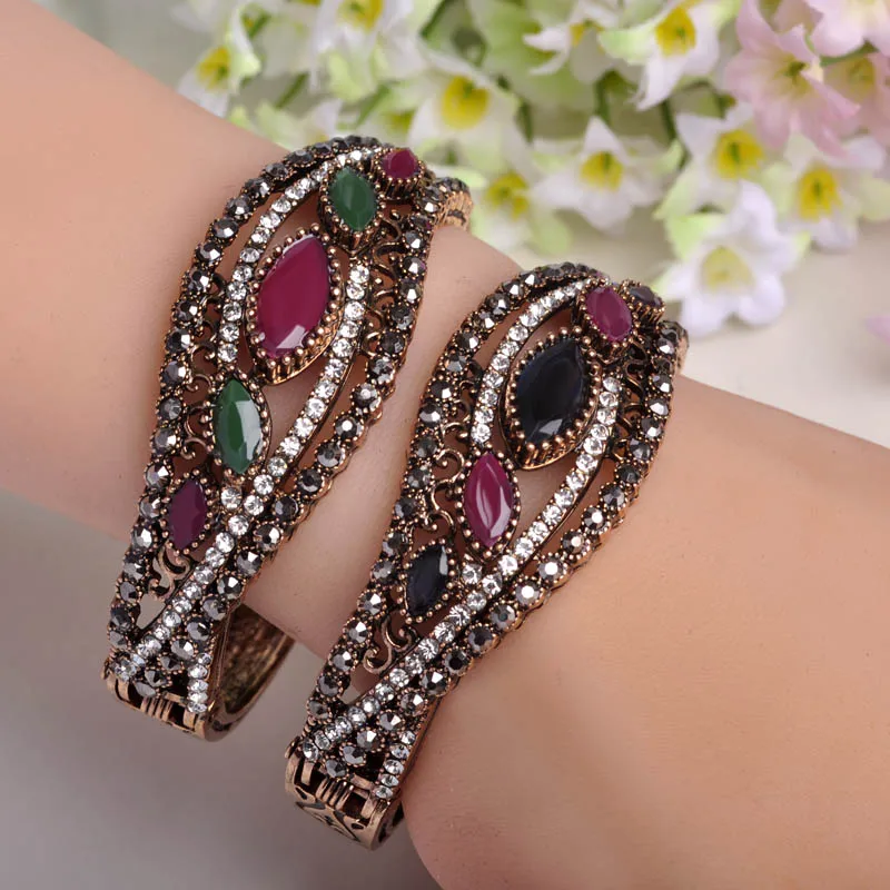 0 : Buy Vintage Antique Gold Plated Big Bangles Full Crystals Red Acrylic Bracelets ...