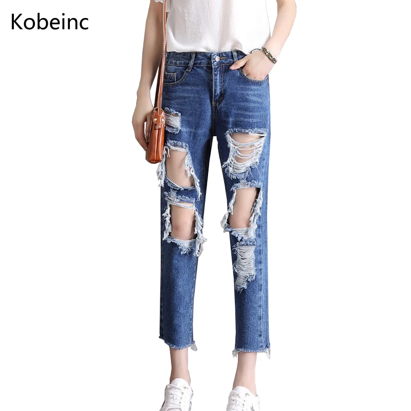 

Kobeinc Fashion Women Denim Trousers 2017 New Ripped High Waist Jeans Pants Hole Pantalones Femme All-Match Ankle-Length Jeans