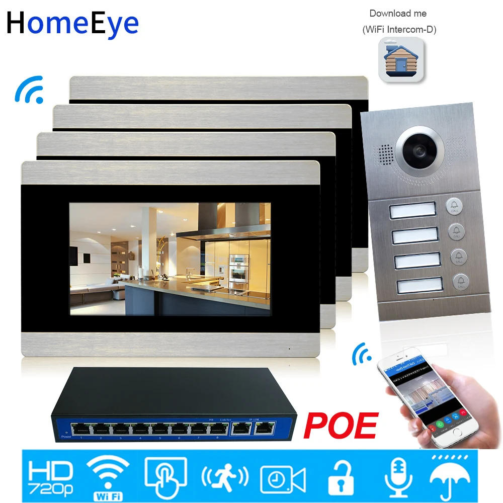 720P 7'' WiFi IP Video Intercom Smart Video Door Phone iOS/Android APP Remote Unlock 4-Apartments Door Access Control System POE
