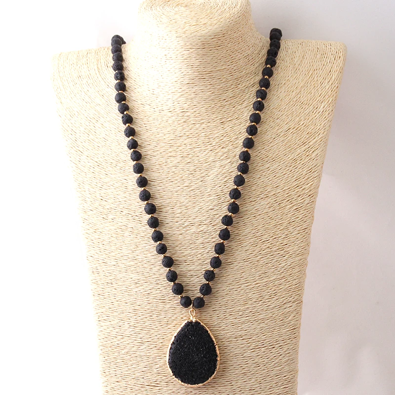 

Fashion Black Lave Stone Ethnic Necklace Bohemian Tribal Jewelry Lave Drop Pendant Halsband For Women Lariat Necklaces
