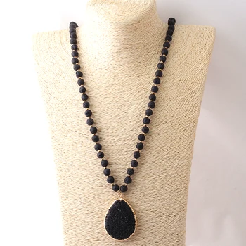 

Fashion Black Lave Stone Ethnic Necklace Bohemian Tribal Jewelry Lave Drop Pendant Halsband For Women Lariat Necklaces