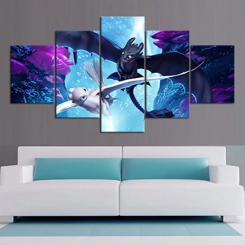 

Modular Picture Canvas Art Painting Wall 5 Panel Cartoon Movie How To Train Your Dragon Posters Toothless Print Home Decor Frame