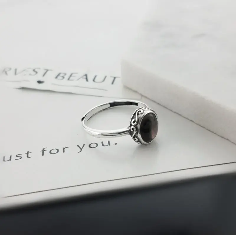 Natural Black Mother Pearl Stone Solid Silver 925 Rings For Women Simple Thin Band Thai Silver Pure Sterling Silver 925 Jewelry