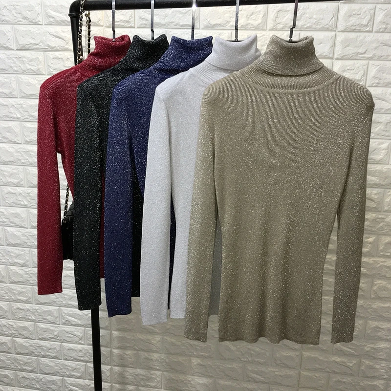 Shiny Lurex Autumn Winter Sweater Women Long Sleeve Pullover Basic Turtleneck Sweaters Women Tops Femme Knitted Korean Style