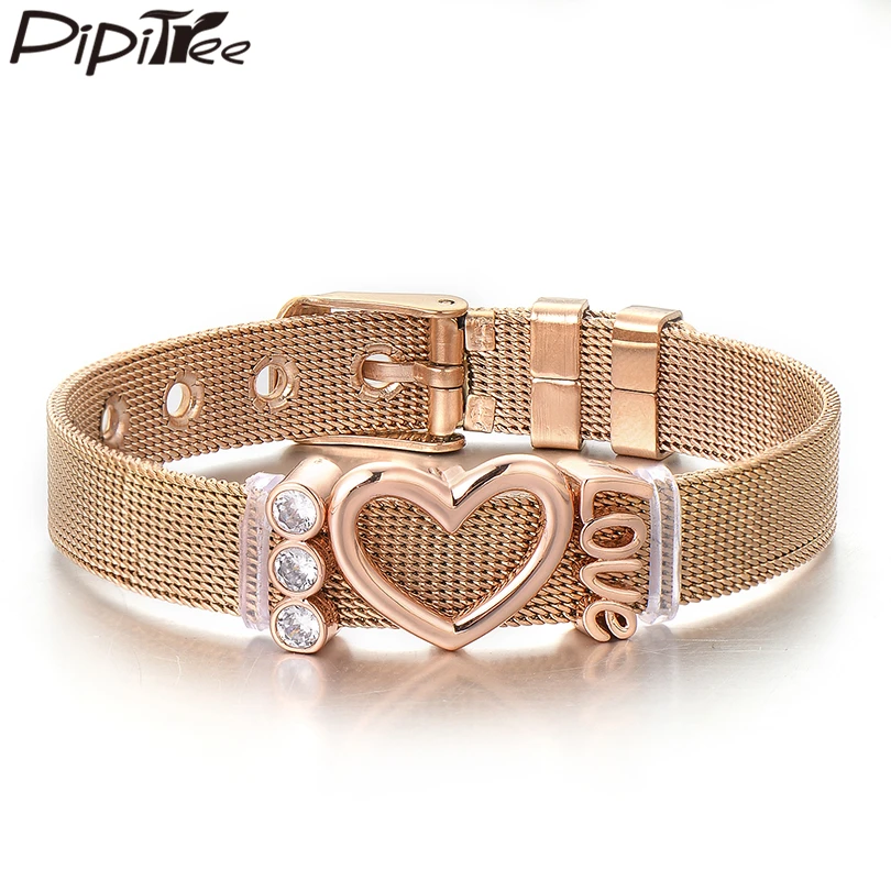 

Pipitree Stainless Steel Mesh Bracelet Heart Love CZ Zircon Slider Charm Couple Bracelets & Bangles for Women Rose Gold Jewelry