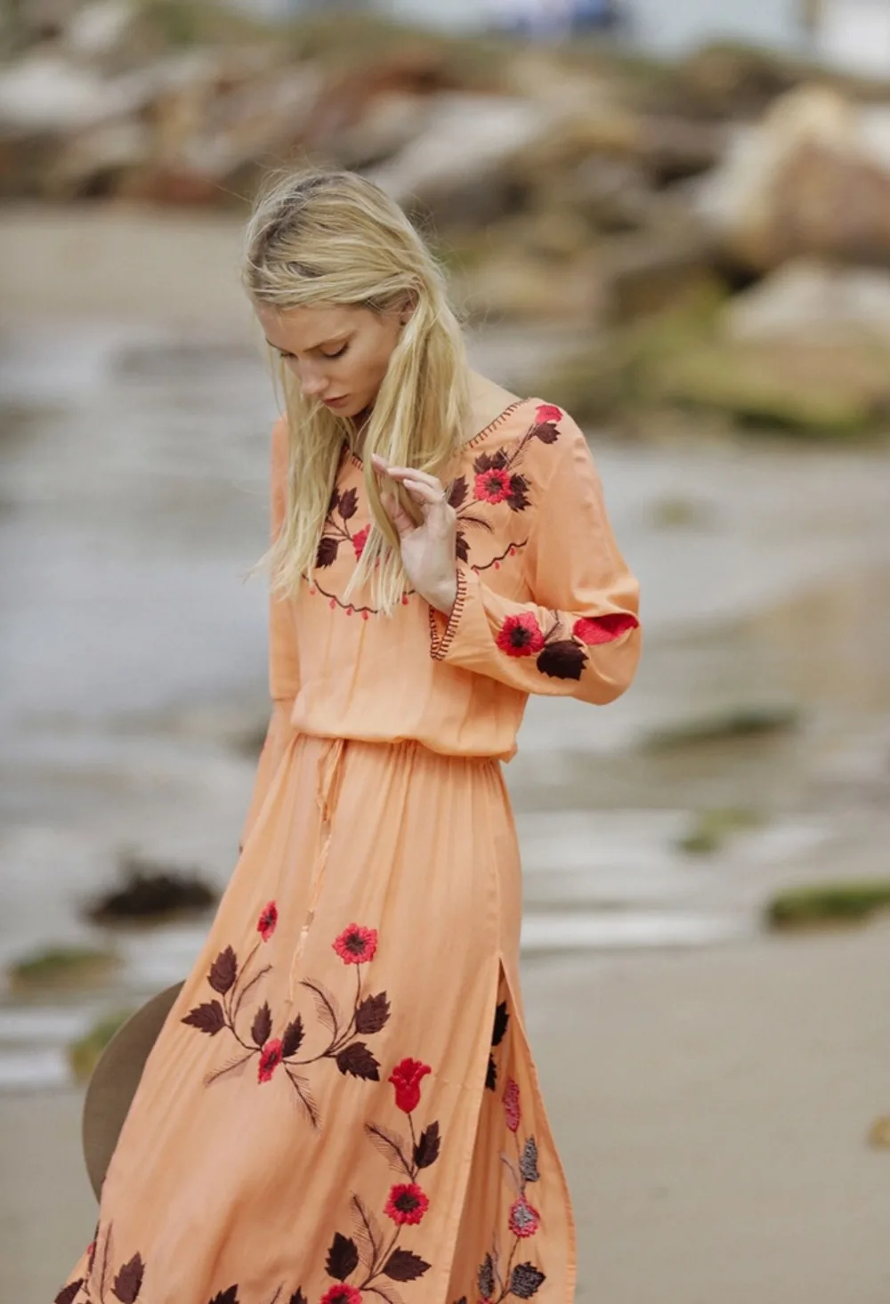 

UK 2019 Summer Autumn Ladies Long sleeve Linen dress Ethnic Embroidery Hippie Boho People Maxi Robe Long dress Casual Vestido