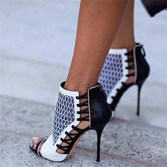 Sexy Open Toe Cut Outs Women Boots High Heels Gladiator Sandals Women Boots Mixed Color Ankle Boots Shoes Woman Botas Mujer (8)