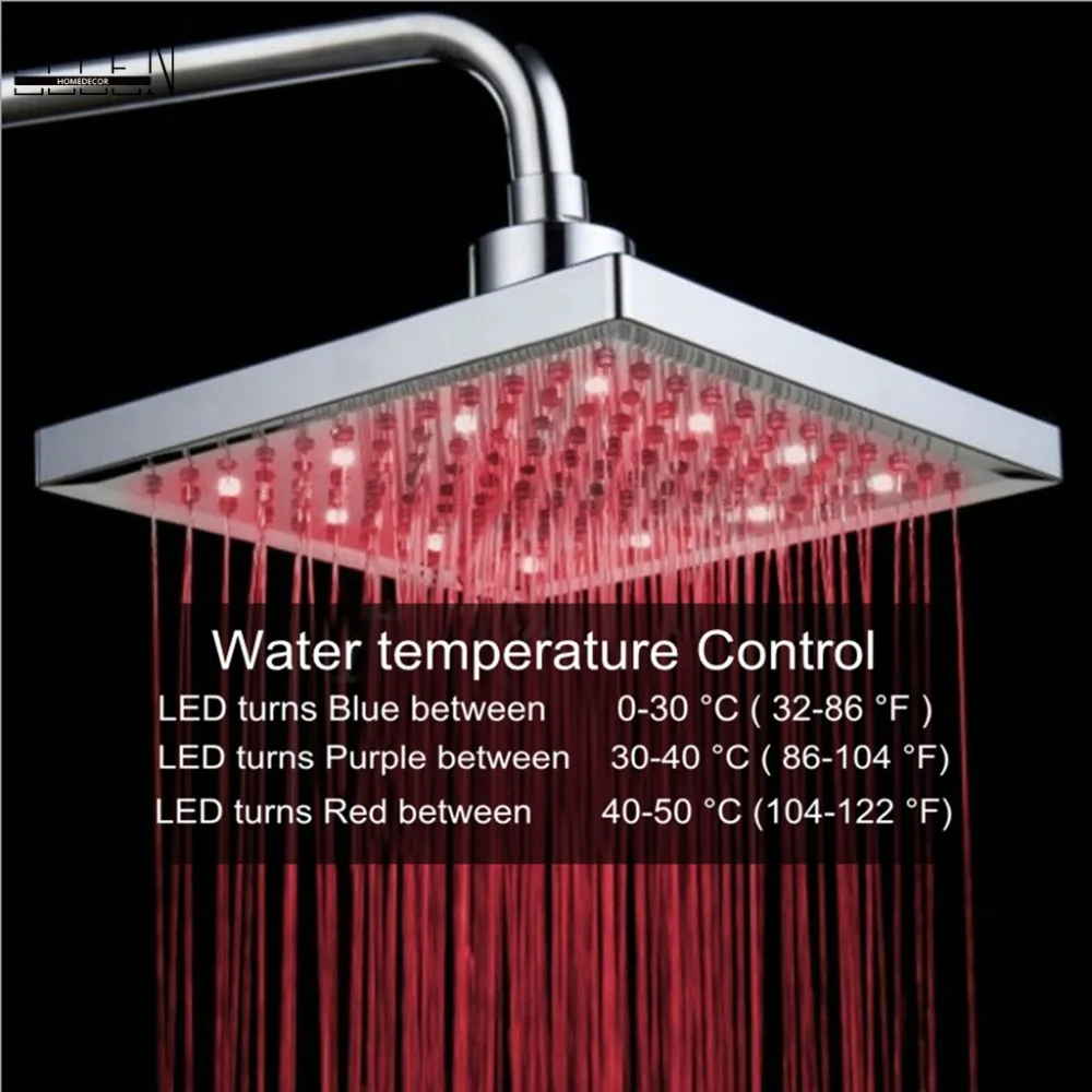 

LED square shower head 8" rain shower light color change water temperature 3 color rainfall waterfall shower head