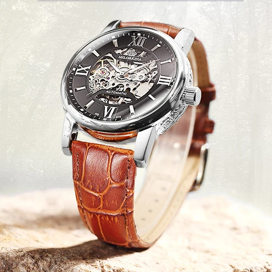 

MG ORKINA Mens Watches Top Brand Luxury Carving Skeleton Case Mechanical Automatic Male Clock Leather Strap Horloges Mannen