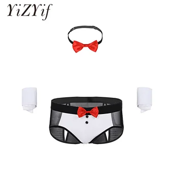 

Jockstrap Men Underwear string homme sexy See Through Mesh Butt Splits Briefs Underwear with Bow Tie and Cuffs Costume Outfit