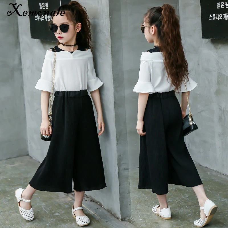 

Xemonale Summer 2018 Children Clothing Sets Baby Girls Strapless Half Sleeve Top+Broad Leg Pants Twinset For Kids 3-12Y