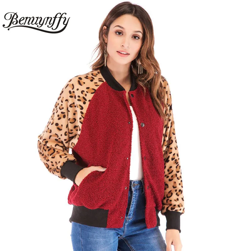 

Benuynffy Women's Color Block Leopard Print Long Sleeve Teddy Coat Autumn Women Fashion Casual Single Breasted Jackets and Coats