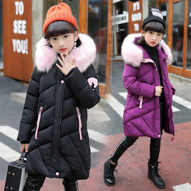 -30 degree Girls Winter Parka Coat Children Warm Jacket Hooded Fur Collar Clothes Kids Thick Cotton Padded Coats For Girls