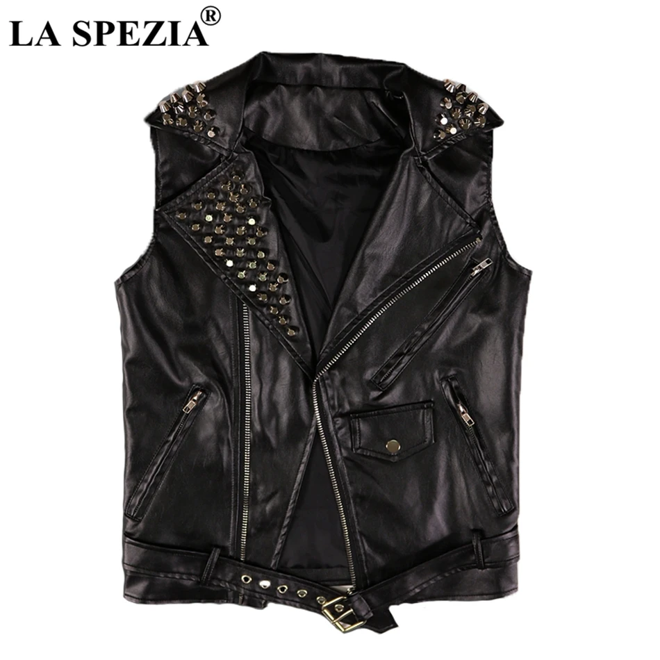 LA SPEZIA Punk Vest Men Biker Black Hip Hop Slim Fit Waistcoat With Belt Male Leather Rivet Zipper Motorcycle Sleeveless Jacket