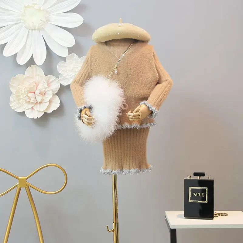

Kids girls 2018 winter new Korean fashion knitted sweater dress wood ear piece fitted vest 2 sets