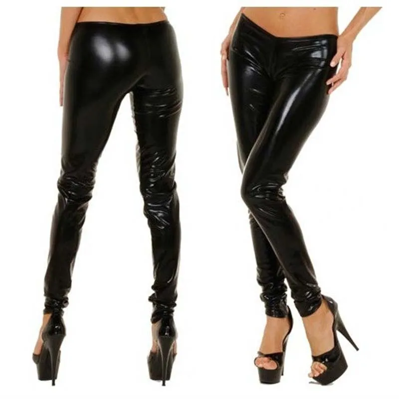 

Black Gold Red Silver Sexy Vinly Leggings Bandage Novelty Exotic Women Wetlook Faux Leather Low Waist Leggings Clubwear Pants