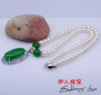 

Real Freshwater Pearl Necklace with Green Pendant, wedding/bridal/female/women's/girls'/lady's Jewellery Accessory+Free Shipping