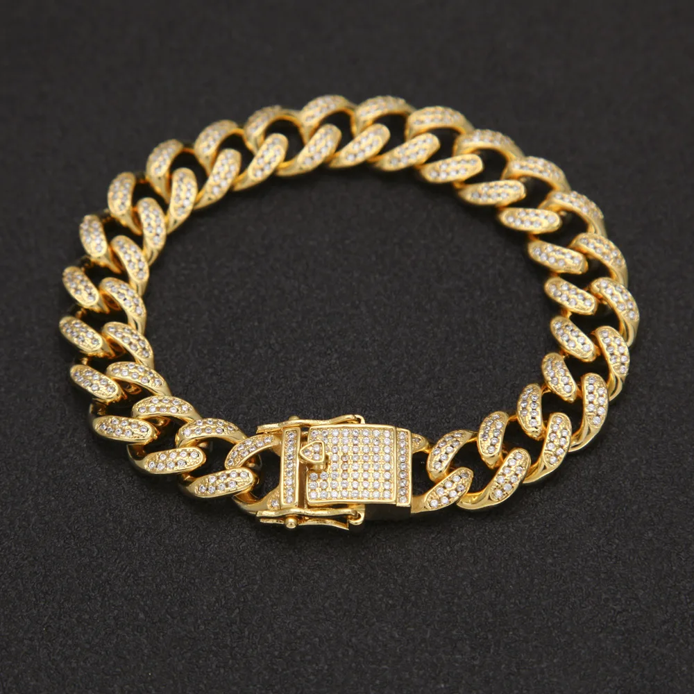 

8" Hip Hop Women Men Golden Bling Jewelry hand Chains Micro CZ Stone Full Zircon Rhinestones Bracelets Crystal Steel Bangles