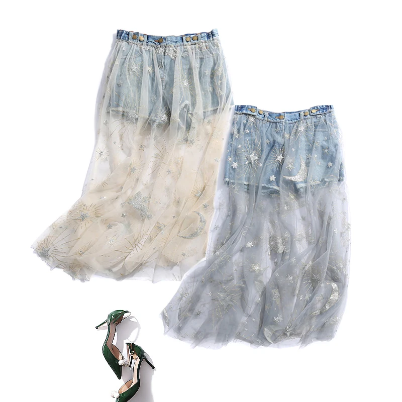 Spring 2019 New Korean Denim Mesh Skirt Stitching Short Skirt