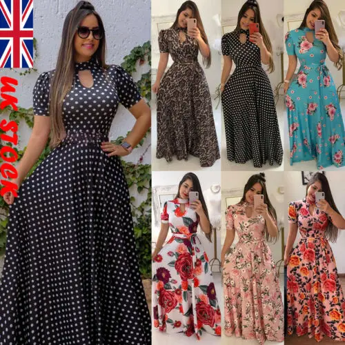 

Women Floral Leopard Print Long Dress Ladies O Neck Evening Party Maxi Dress Plus Size 2XL Summer Casual Beach Boho Dresses