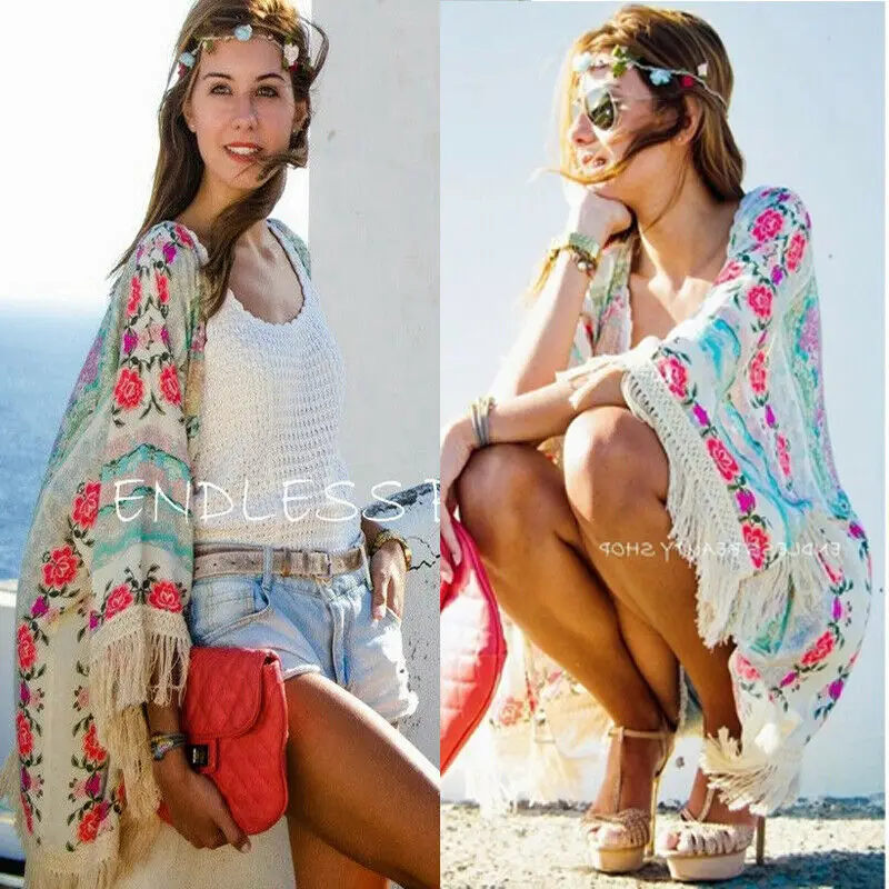 

Women Floral Print Beach Shawl Kimono Cardigan Boho Chiffon Tops Jacket Blouse