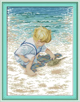 

The little boy play on the beach Printed Canvas DMC Counted Cross Stitch Kits printed Cross-stitch set Embroidery Needlework