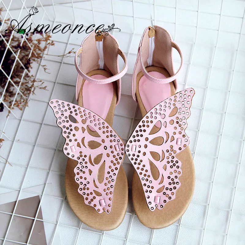 

Women Sandals Cute Butterfly Wings Hollow Leather Flats Thong Sandals Summer Heel Flat Shoes Woman Flip Flops Plus Size