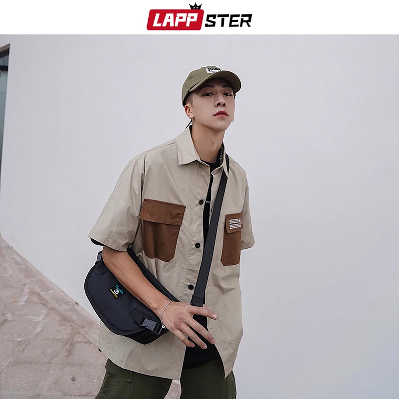 

LAPPSTER Men Patchwork Cargo Shirt 2019 Streetwear Short Sleeve Summer Casual Button Shirts Fashion Designer Shirt High Quality