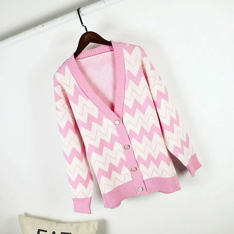 Woman Fashion V-neck Vintage Knitted Sweater Female Wave Pattern Loose Simple Short Jacket New |