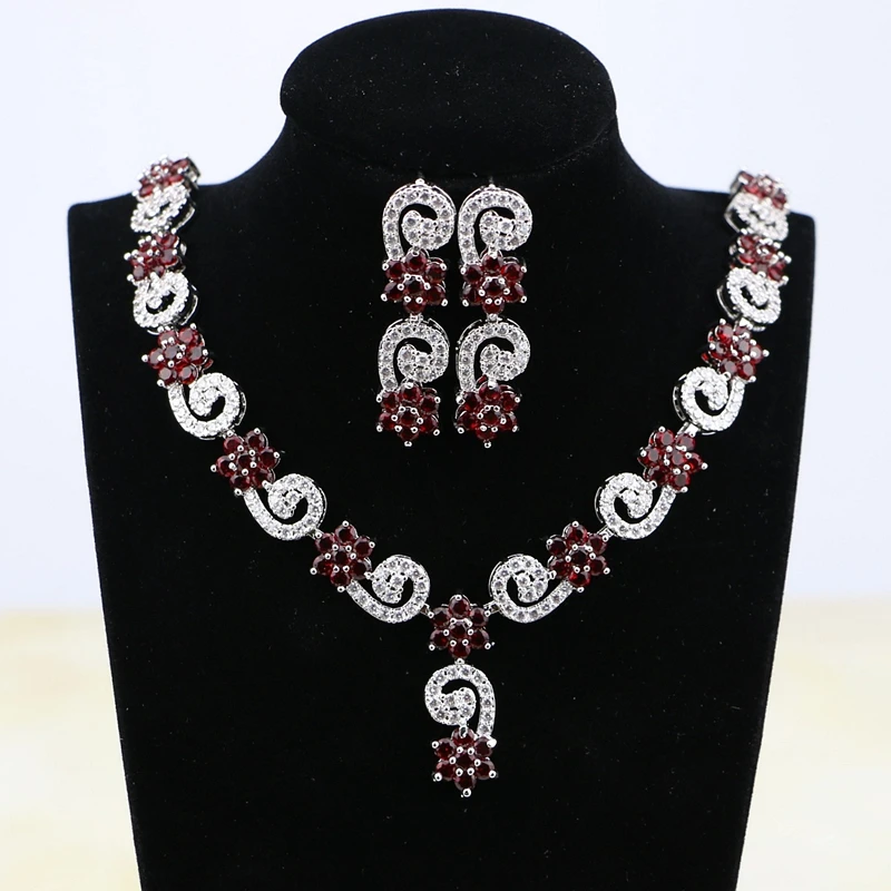 

Flower Shaped Red Zircon White CZ Women Silver Color Jewelry Wedding Earrings Necklace Sets