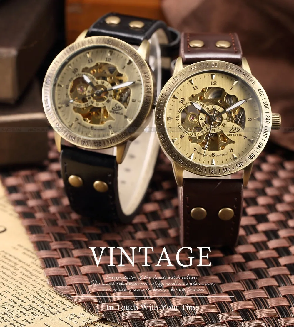 Shenhua бренд Винтаж бронзовый Автоматический Скелет деловые часы для мужчин аналоговые кожаные Наручные часы повседневное часы erkek коль saati