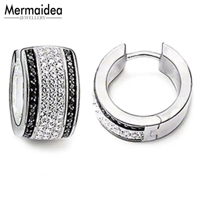 

Creole Wide Hinged Hoop Earrings 2019 New Cubic Zirconia Fashion Jewelry Black White Round 925 Sterling Silver Gift For Women