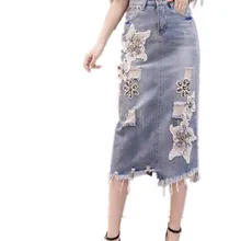 Повседневная Женская подиумная объемная Цветочная вышивка джинсовая юбка с бахромой новейшая Женская мода Карманы Облегающая джинсовая юбка