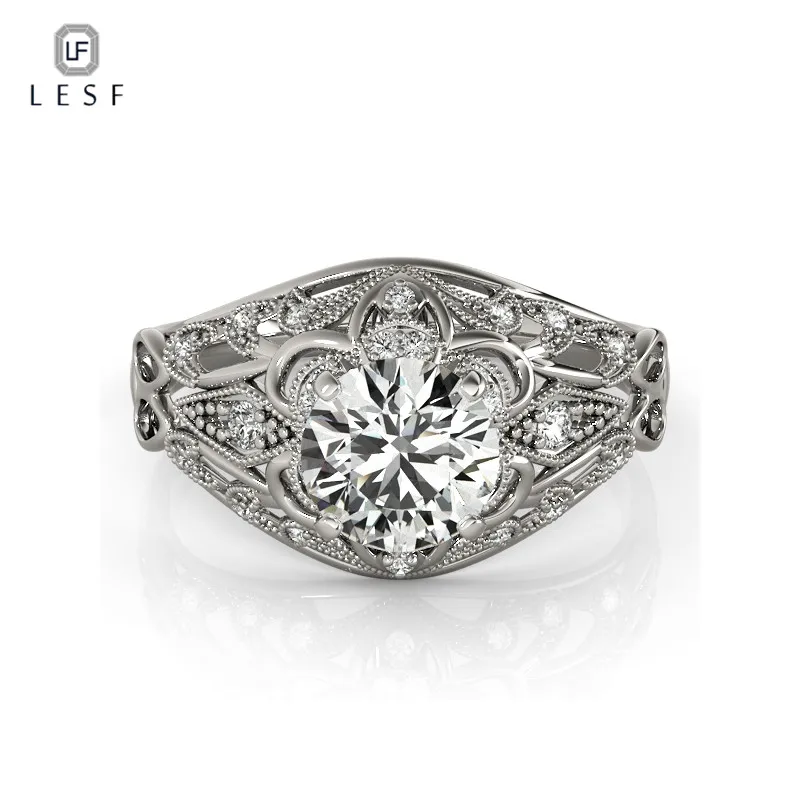 

LESF Carved 925 Silver Round Cut Unique Design Rings Wedding Engagement Rings High end Women Jewelry Can be customized