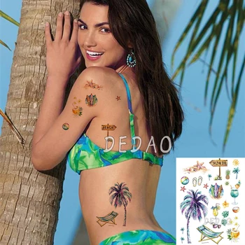 

Waterproof Temporary Tatoo Fake Tattoo Sticker Summer Seaside Beach Coconut Tree Juice Tatouage Flash Tatto For Men Girl Women