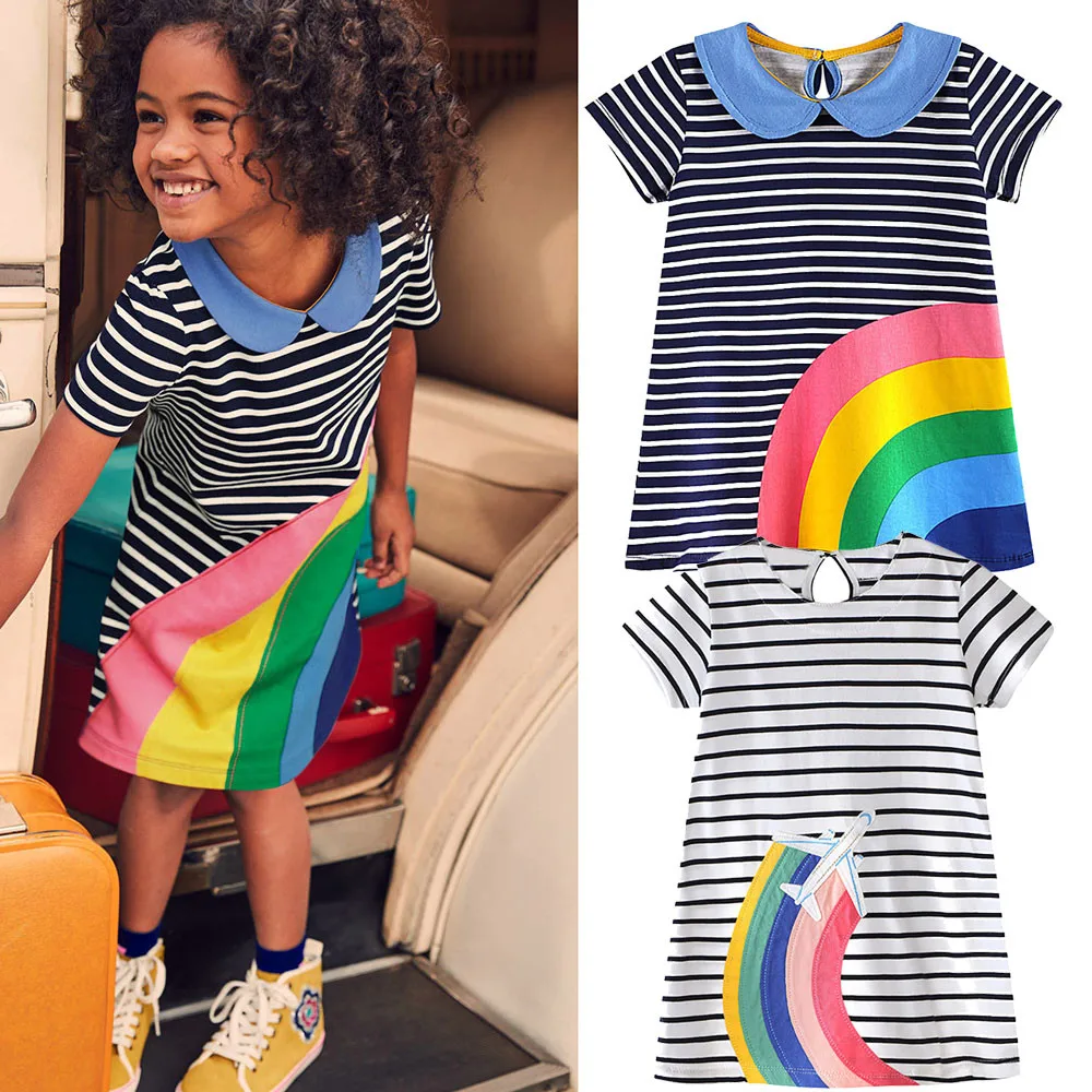 

Summer Kids Casual Kids Sunshine Rainbow Stripe Embroidery Dress Outfit Clothes Roupas Infantis Menina Vestiti Estivi