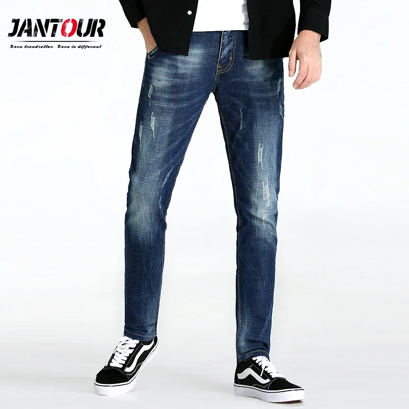 Hommes Jeans Pantalon Used Denim Blue Stonewashed Slim 