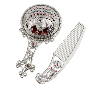

Antique Rhinestone Plated Hollow Makeup Hand Mirror Comb Set Round Silver Handheld Makeup Mirror Antique Hand Mirror