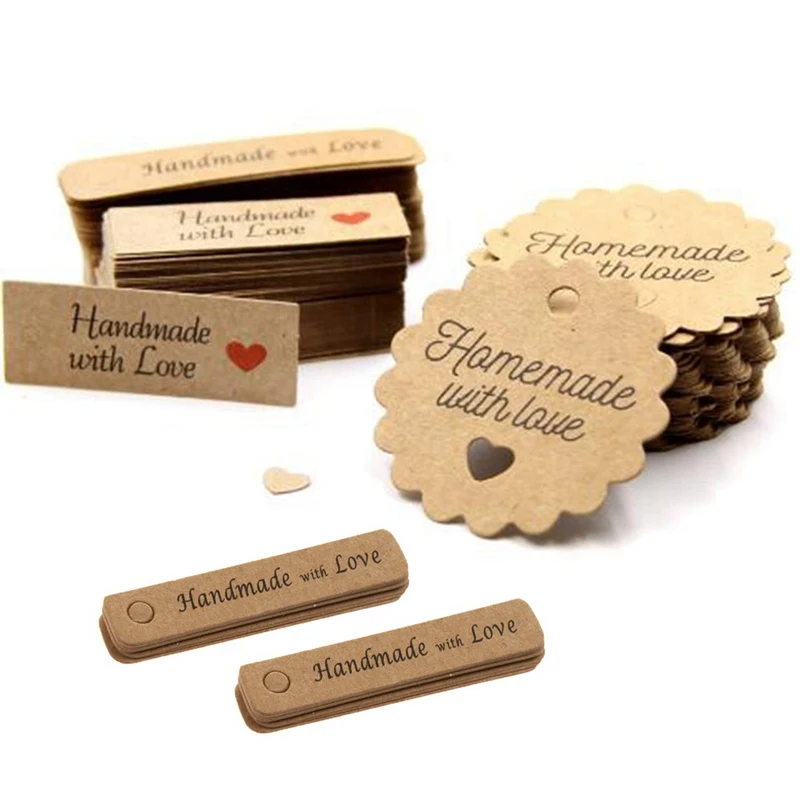 

100PCS Garment Labels Lovely Paper Tags Rope Paper Card Tag Labels Handmade With Love Party Favors Gift 10Meters