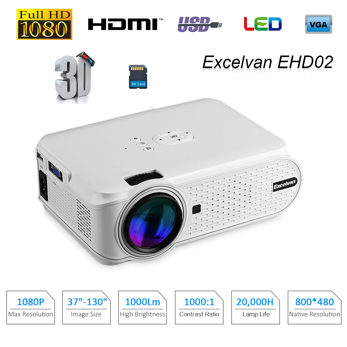 

Excelvan EHD02 Portable Mini LED Multimedia Projector 800*480 Support 1080p ATV For Home Cinema Theater With Stereo Speaker