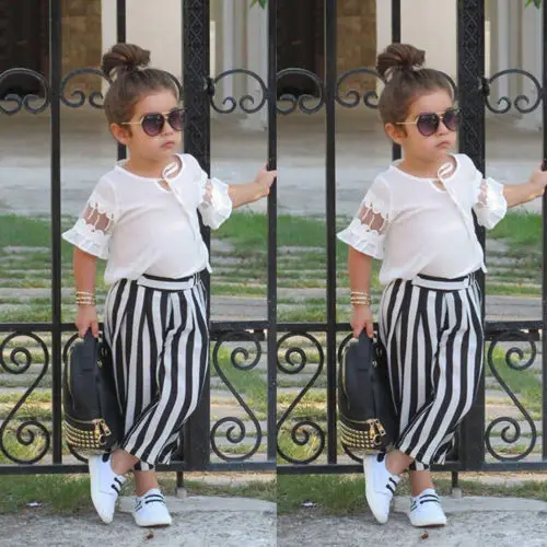 

US STOCK Summer Kids Baby Girls Outfit Lace Mesh Short Sleeve T-shirt Long Black Striped Pants 2PCS Toddler Set Stylish Clothes