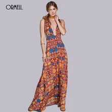 Ormell Лето 2017 г. Boho Maxi сексуальное платье без рукавов Для женщин глубокий v-образным вырезом Платья для женщин Цветочный принт-Line Женский Длинные Винтаж Vestidos