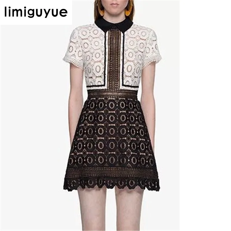 

limiguyue women sweet lace hollow out patchwork dress short sleeve high quality Designer Runway dresses vestidos H0519