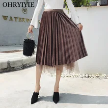 OHRYIYIE осень зима Двусторонняя бархатная Женская юбка винтажная плиссированная юбка с высокой талией Женская Однотонная юбка в стиле пэчворк