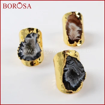 

BOROSA Gold Color Natural Stone Druzy Open Band Rings,Fashion Freeform Natural Gems Druzy Ring Party Jewelry for Wholesale G1388