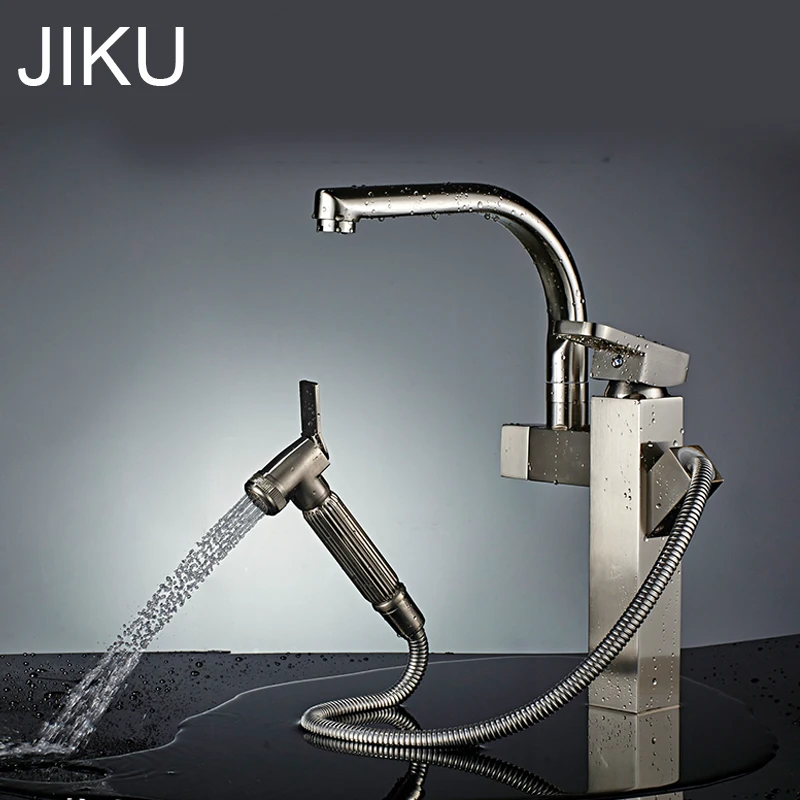 

JIKU Deck Mounted Pull Out Basin Faucet Chrome Finish Mixer Tap Single Handle Dual Sprayer Mixer ORB Polish Chrome Nickel Brush