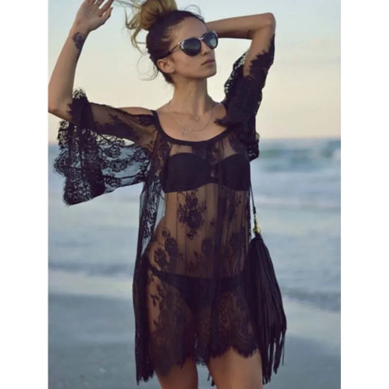 Women Summer Lace Crochet Bikini Cover Up Bathing Suit Off Shoulder Beach Dress Women Swimwear
