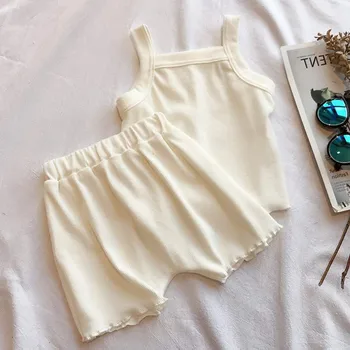 

2Pcs/Set Casual Sleeveless Solid Print Tops Vest+Shorts Suits Costume Set New Summer Children Baby Girls Clothes