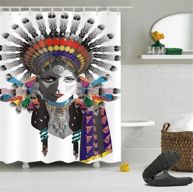 LB 72'' African American Woman Print Shower Curtain Afro Girl Waterproof Black Bathroom Curtains